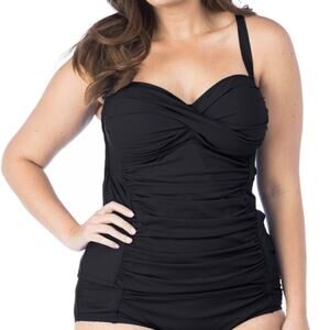 La Blanca Women's Black Island Goddess Sweetheart Ruched Tankini Swim Top sz 16W